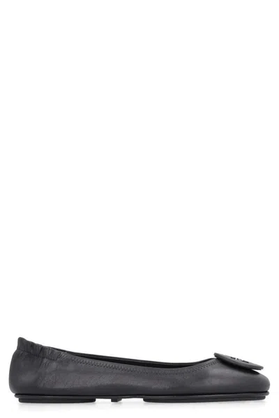 Tory Burch Minnie Travel Leather Ballet Flats In Black