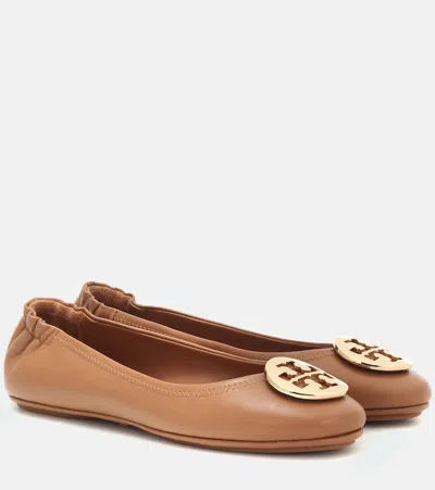 Tory Burch Minnie Travel Leather Ballet Flats In Royal Tan/gold