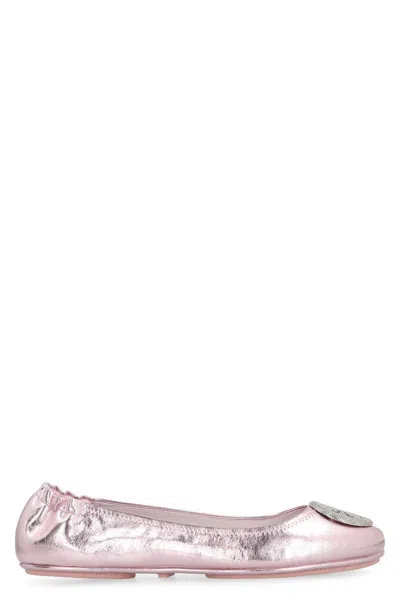 Tory Burch Minnie Travel Metallic Leather Ballet Flats In Pink