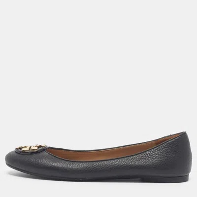 Pre-owned Tory Burch Minnie Travel Size 37 Black Leather Ballet Flats