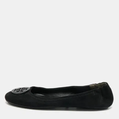 Pre-owned Tory Burch Minnie Travel Size 38 Black Suede Ballet Flats