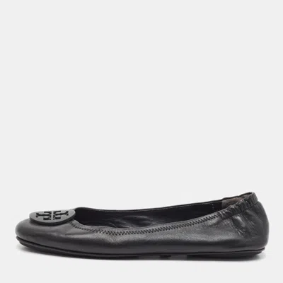 Pre-owned Tory Burch Minnie Travel Size 40.5 Black Leather Scrunch Ballet Flats