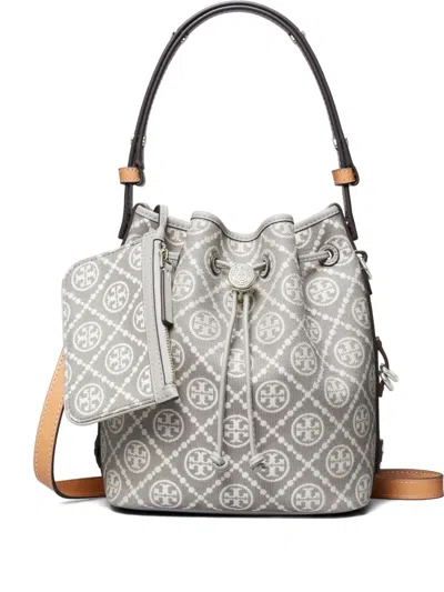 Tory Burch Monogram Bucket Bag In Gray