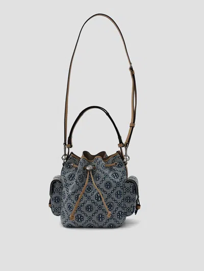 Tory Burch Monogram Bucket Handbag With Pockets In Powder Blue