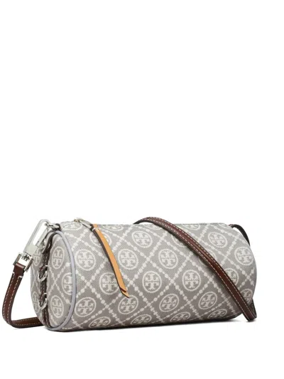 Tory Burch Monogram Cylinder Utility Cross Body Bag In Gray
