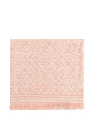 Tory Burch Patterned Scarf All Over Fringed Edges In Pink