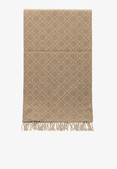Tory Burch Monogram Fringed Scarf In Sand