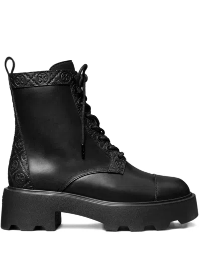 Tory Burch Monogram Lug Sole Ankle Boots In Black