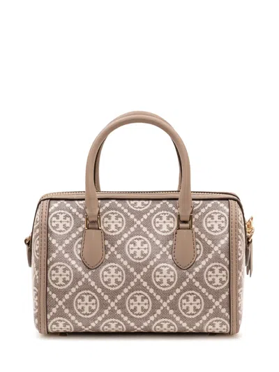 Tory Burch Monogram Plethestanetedtite Barrel Handbag In Charcoal