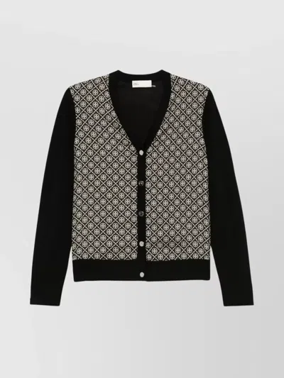 Tory Burch Monogram Print Silk And Wool Cardigan In Black