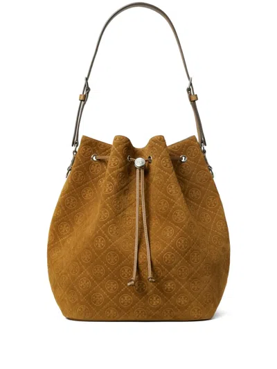 Tory Burch Monogram Suede Bucket Bag In Brown
