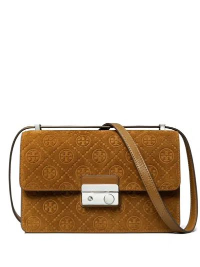 Tory Burch Monogram Suede Shoulder Bag In Brown