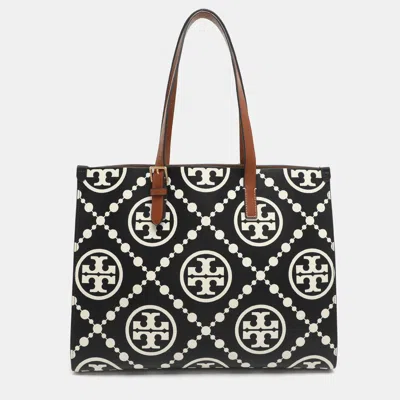 Pre-owned Tory Burch Monogram T Embossed Black/off White Leather Contrast Tote