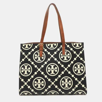Pre-owned Tory Burch Monogram T Embossed Black/off White Leather Contrast Tote
