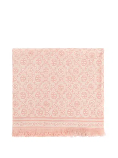 Tory Burch Monogram Wool And Silk Scarf In Pink
