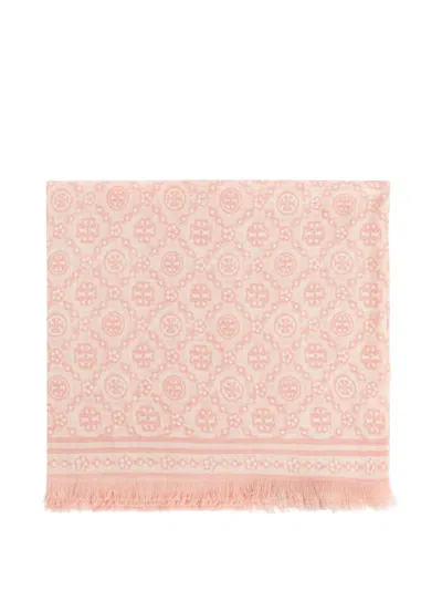 Tory Burch Monogram Wool And Silk Scarf In Pink
