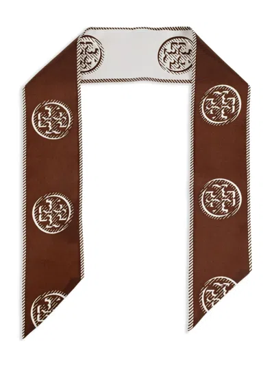 Tory Burch T Monogram Silk Ribbon Tie In Brown