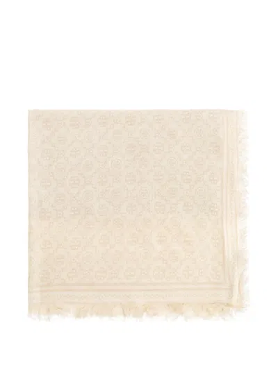 Tory Burch Monogram Wool And Silk Scarf In Neutral