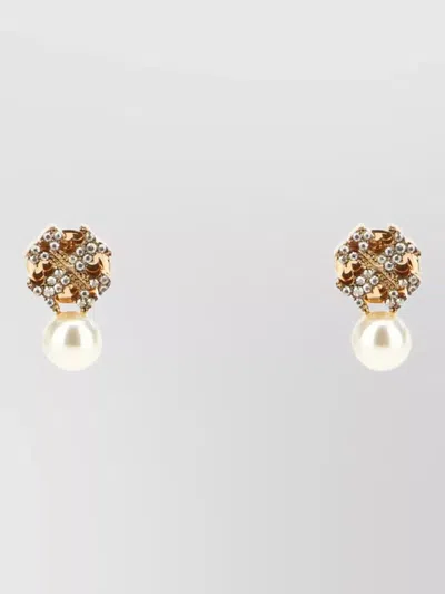 Tory Burch Moondance Brass Earrings Crystal Pearl Studs In Gold
