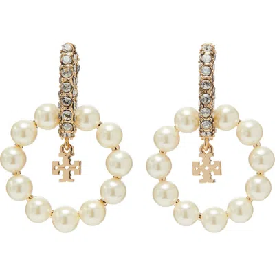 Tory Burch Moondance Faux Pearl Hoop Earrings In White