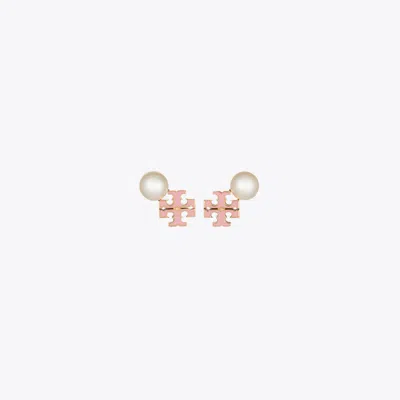 Tory Burch Moondance Logo And Pearl Stud Earrings In Gold