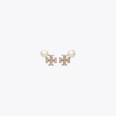 Tory Burch Moondance Logo And Pearl Stud Earrings In Gold