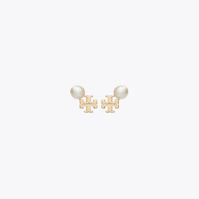 Tory Burch Moondance Logo And Pearl Stud Earrings In Gold