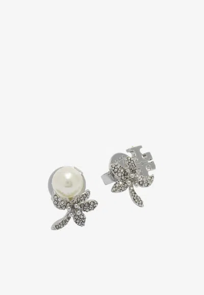 Tory Burch Moondance Pearl And Flower Stud Earrings In Metallic