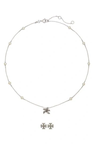 Tory Burch Moondance Pendant Necklace & Pavé Stud Earrings Gift Set In Metallic