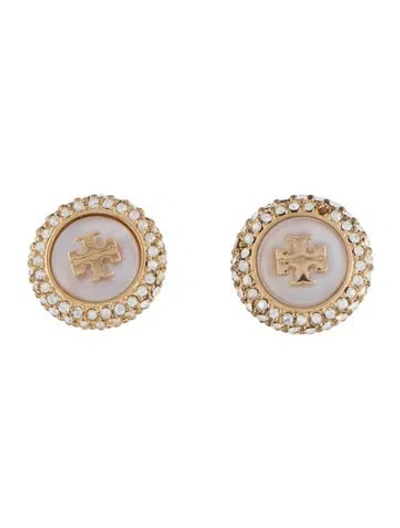 Pre-owned Tory Burch Mother Of Pearl & Crystal Pave Stud Earrings In Multi