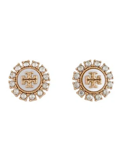 Pre-owned Tory Burch Mother Of Pearl And Crystal Stud Earrings In White