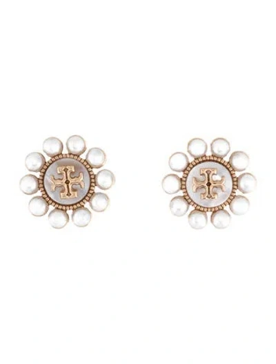 Pre-owned Tory Burch Mother Of Pearl & Faux Pearl Kira Flower Stud Earring In Multicolor