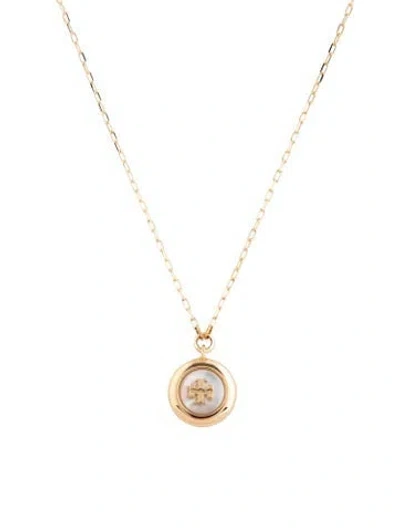 Pre-owned Tory Burch Mother Of Pearl Tt Logo Pendant Necklace, 18" In Multicolor