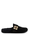 Tory Burch Mellow Logo Plaque Shearling Flat Mules In Black