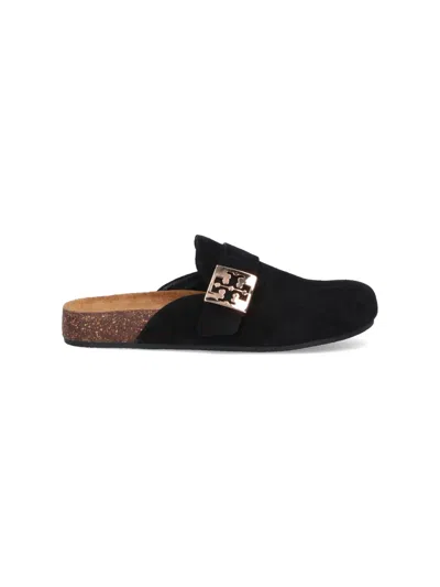 Tory Burch Mellow Black Slip-on Mule With Metallic Logo Buckle In Suede Woman