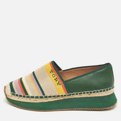 Pre-owned Tory Burch Multicolor Knit Fabric And Leather Espadrille Sneakers Flats Size 37
