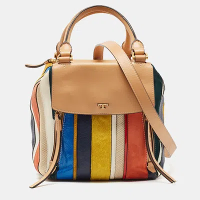 Pre-owned Tory Burch Multicolor Mix Leather And Canvas Balloon Stripe Half Moon Satchel