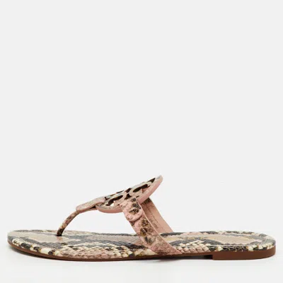 Pre-owned Tory Burch Multicolor Snakeskin Embossed Leather Miller Thong Flats Size 37