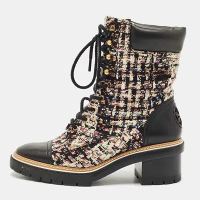 Pre-owned Tory Burch Multicolor Tweed And Leather Miller Lug Sole Combat Boots Size 39