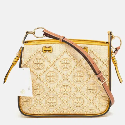 Pre-owned Tory Burch Mustard T Monogram Straw And Leather Bell Shoulder Bag In Yellow