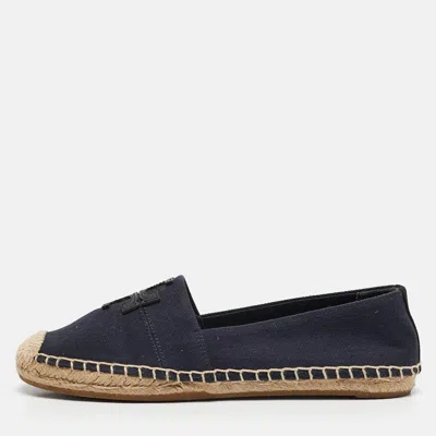 Pre-owned Tory Burch Navy Blue Canvas And Leather Espadrilles Flats Size 37.5