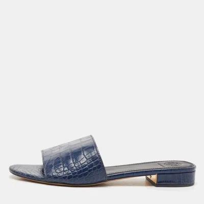 Pre-owned Tory Burch Navy Blue Croc Embossed Leather Martine Slide Sandals Size 39