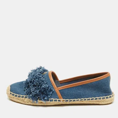 Pre-owned Tory Burch Navy Blue Denim Shaw Fringe Espadrille Flats Size 38