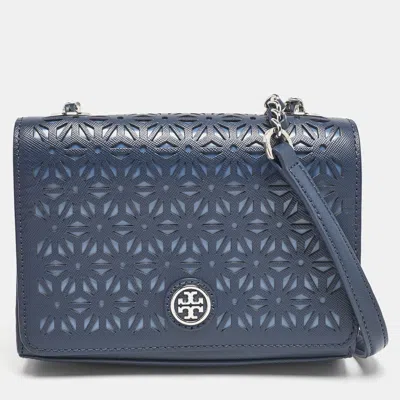 Pre-owned Tory Burch Navy Blue Laser Cut Leather Robinson Shoulder Bag