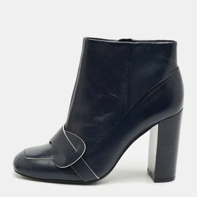 Pre-owned Tory Burch Navy Blue Leather Ankle Length Boots Size 36.5