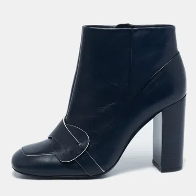Pre-owned Tory Burch Navy Blue Leather Bond Booties Size 37