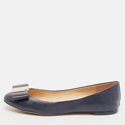 Pre-owned Tory Burch Navy Blue Leather Bow Chase Ballet Flats Size 40.5