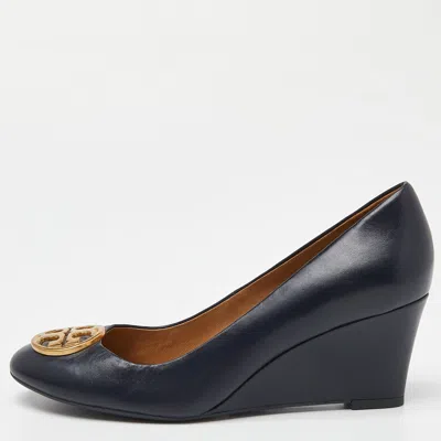 Pre-owned Tory Burch Navy Blue Leather Chelsea Wedge Pumps Size 38
