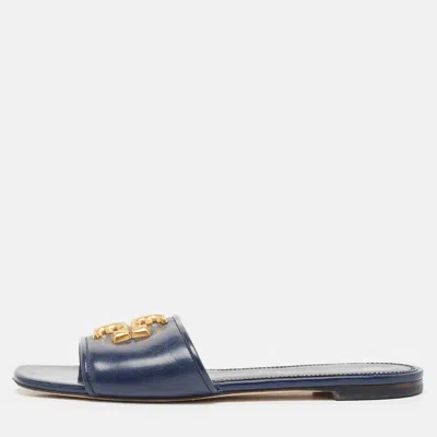 Pre-owned Tory Burch Navy Blue Leather Eleanor Flat Sandals Size 37.5