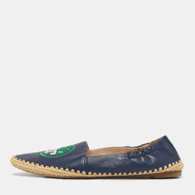 Pre-owned Tory Burch Navy Blue Leather Ines Espadrille Flats Size 37.5